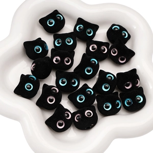 DIY black flocked cat head beads for jewelry making with colorful plastic eyes