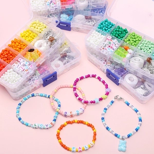 DIY bead jewelry kit with seed beads, letter charms and handmade finished bracelets