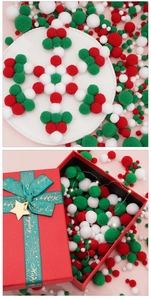 DIY pluche ballen in rood, groen en wit voor cadeauvulling en feestelijke decoraties