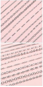 Detailed macro view of various silver stainless steel DIY jewelry chains and link styles