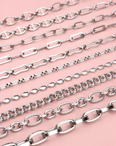 Detailed flat lay of various stainless steel chain styles including pig nose and link designs