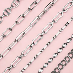 Detail of diverse silver stainless steel jewelry chains for DIY jewelry making and design