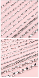 Détails macro de divers types de chaînes en acier inoxydable pour bijoux DIY et colliers