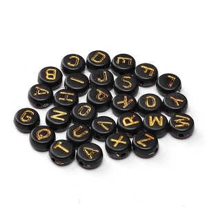 Perles rondes en acrylique noir avec lettres dorées pour bijoux DIY et bracelets