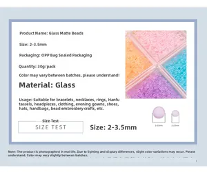 Detail specifications for 2-3.5mm frost glass beads showing materials and 30g pack size