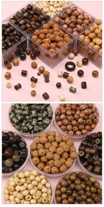 Macro detail of natural wooden beads in various shapes and earthy tones for DIY jewelry making