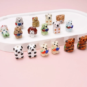 Hand Painted Ceramic Animal Loose Beads Cute Panda Bear Dog Cat Koala Lion Fox Shapes DIY Jewelry Making Craft Supplies