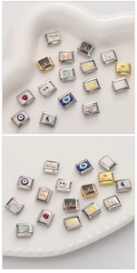 Detailansicht italienischer Charm-Module mit Emaille-Designs und goldfarbenen Akzenten