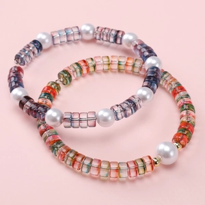 Handmade 6x3mm colorful beaded bracelets with white pearls and gold accents