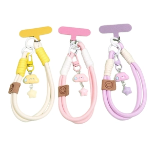 Braided cloud and star phone lanyards in yellow pink and purple with silicone pads