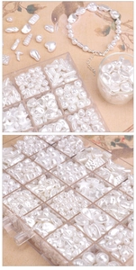 DIY jewelry kit with various white faux pearls and a transparent storage organizer box