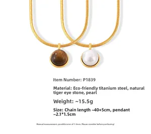 Detailed specs for gold tiger eye and shell pearl pendant necklaces in titanium steel