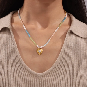 Chic 18k gold plated titanium heart pendant necklace with malachite beads and pearl