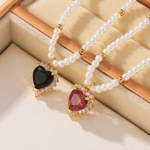 Elegant Heart Pendant Necklace Titanium Steel Imitation Artificial Pearl Zircon Gold Plated French Retro Jewelry For Women