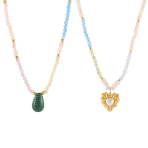 Gold-plated necklaces with malachite heart pendants and colorful gemstone beads