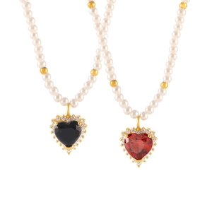 Elegant gold-plated heart pendant necklaces with faux pearls and zircons in black and red