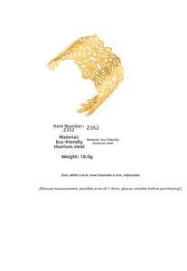 Detail view of 18k gold plated stainless steel cuff bracelet with hollow floral pattern