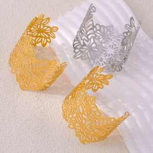 Exaggerated hollow flower cuff bracelet in 18k gold and silver plated stainless steel