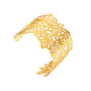 Gold plated stainless steel cuff bracelet with hollow floral design and 18k finish