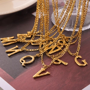 Titanium Steel Initial Letter Pendant Necklace Minimalist Figaro Chain Bark Texture Gold Silver Plated Jewelry For Women