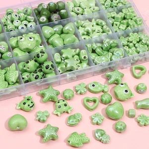 Green Ceramic Beads For DIY Jewelry Making Handmade Green Series Multi Shapes Hearts Stars Animals Flowers Shells Ceramic Beads