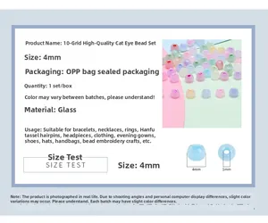 Detailed size specifications for 4mm cat eye glass seed beads in a 10-grid storage box