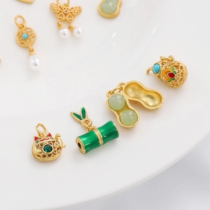Traditional gold sand pendants with enamel cat and jade bamboo motifs for DIY jewelry
