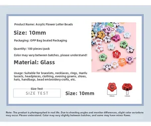 Detailed spec sheet for 10mm flower-shaped acrylic letter beads with 1.5mm holes