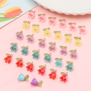 Colorful lily of the valley acrylic flower charms with gold leaf metal loops for DIY jewelry