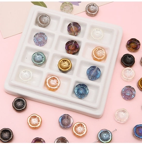 Macro view of aurora glass flower beads for DIY jewelry making in various vibrant colors