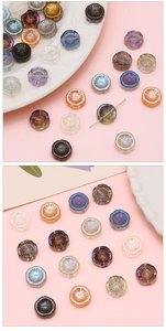 Macro detail of iridescent aurora glass flower beads with radial facets for DIY jewelry