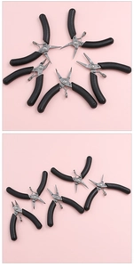 Mini stainless steel jewelry pliers set for DIY crafts on a soft pink background