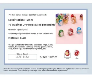 Detailed view of 10mm vintage gold foil lampwork glass beads with size specifications