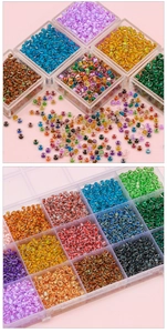 Macro view of 4mm ink-style glass seed beads for DIY jewelry making in a plastic box