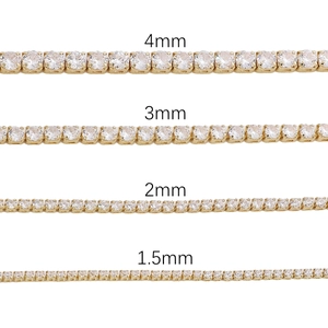 14K gold plated tennis chains in 1.5mm to 4mm widths featuring round cubic zirconia