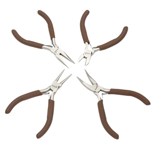 Brown four-piece DIY jewelry plier set with non-slip handles for precise handcrafting