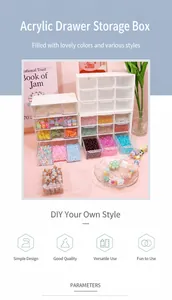 Macro detail of acrylic storage drawers with colorful beads for craft organization