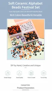 Macro view of Halloween DIY bead kit with polymer clay discs and letter beads in storage box