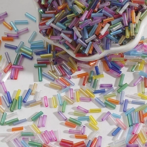 Rainbow AB finish 2x7mm glass bugle beads in vibrant colors for DIY jewelry crafts