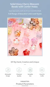 Detailed macro view of 3D cherry blossom glass beads with frosted and iridescent finishes