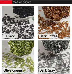 Detailed grid view of 2x7mm silver-lined glass bugle beads in four elegant metallic colors