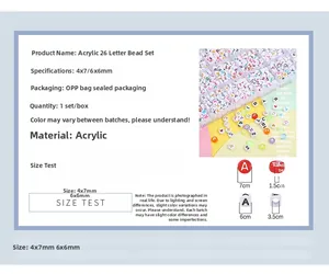 Detailed size guide for 4x7mm and 6x6mm acrylic alphabet beads in a multi-color DIY set