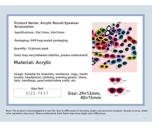 Detailed size chart for 10pcs colorful acrylic round doll glasses accessories in a poly bag