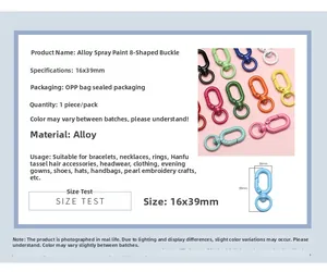 Detailed size chart of colorful 8-shaped alloy spring clips measuring 16x39mm