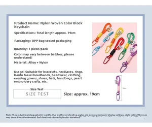 Detail view of colorful braided nylon keychain lanyard with 19cm length and alloy hook