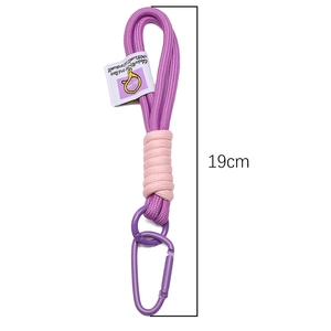 Purple woven cord keychain with 19cm pink accents and white label on white background