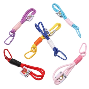 Braided nylon cord keychain with colorful alloy D-ring carabiner and woven label detail