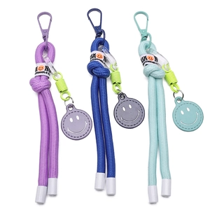 Braided nylon smiley face keychain with alloy lobster clasp in purple blue and mint
