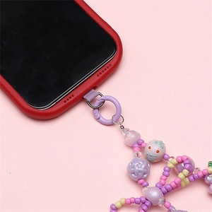 Bunte Handy-Perlenkette aus Acryl mit lila Herzperlen und Federverschluss