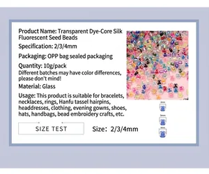 Makro-Detail von 4 mm Glasperlen mit Seidenkern und Produktspezifikationsdaten